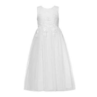 Girls' white lace embellished flower applique mesh dress